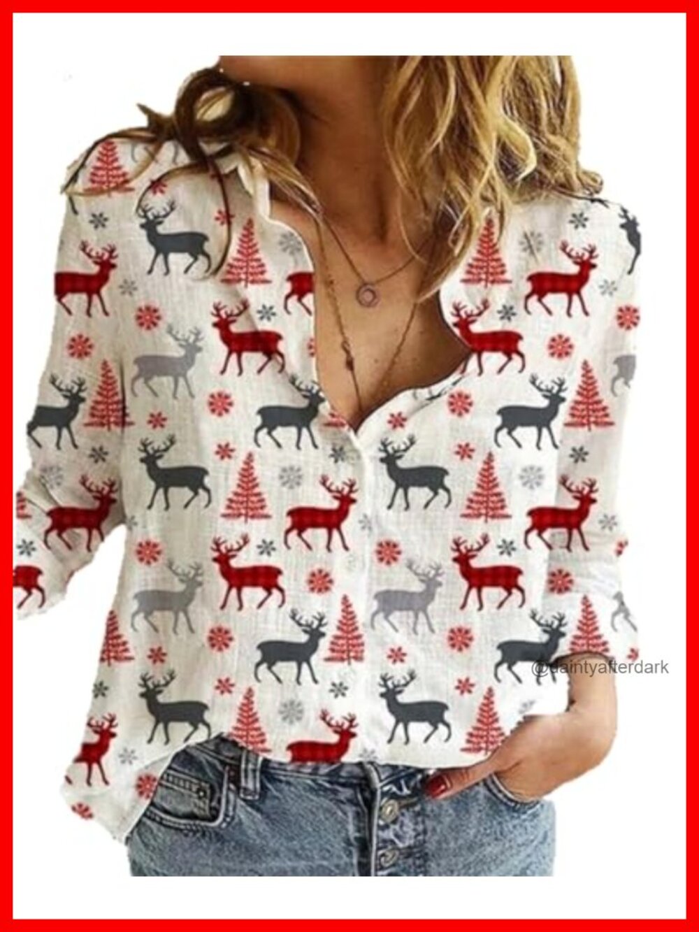 Women's Hawaiian Xmas V-Neck Long Sleeve Button Down Shirt Polka Dot Blouse